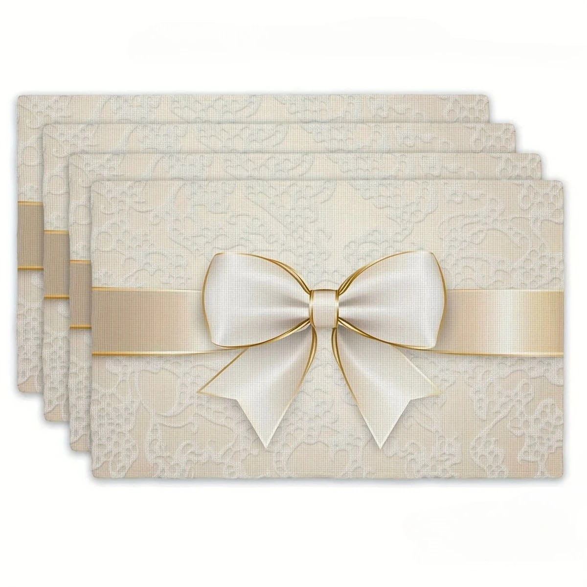 Vintage Cream Lace Satin Ribbon Bow Golden Trim Print Rectangular Placemats  Set Elegant Wedding Bridal Party  Table Decor Mats