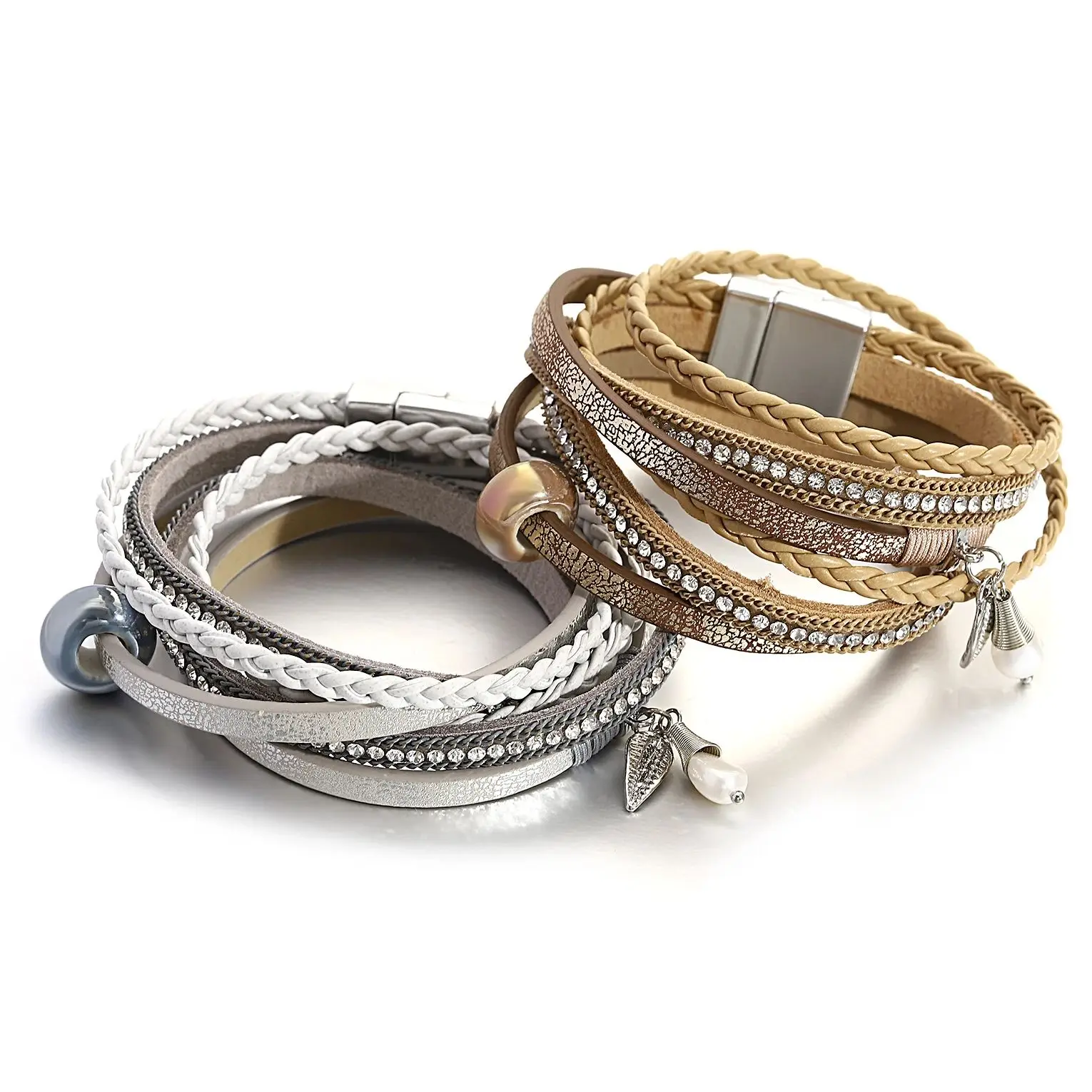 

Amorcome Summer Braided Rope Leather Wrap Bracelet for Women Charm Pearl Ceramic Bead Bracelets Bohemian Multilayer Wrap Jewelry