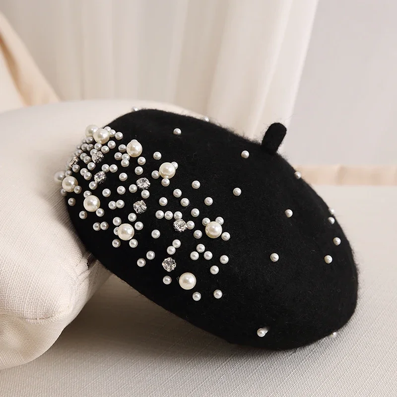 2024 Winter Wool Beret with Rhinestone Pearls Beads Female Elegant Cap Autumn Spring Hat Women Solid Color French Style Cap