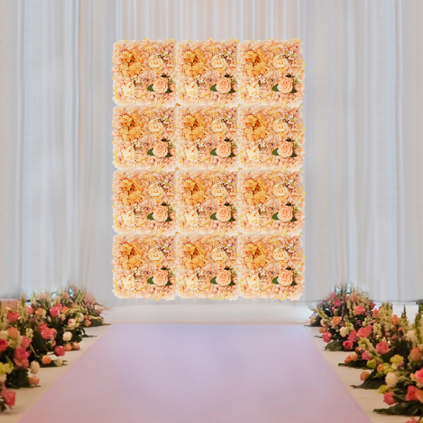 

Artificial Flowers Wall Panels, 12 Pcs 38x38cm Flower Wall Panels with 100 Cable Ties, Autumn Champagne Dahlias Roses Hydrangeas