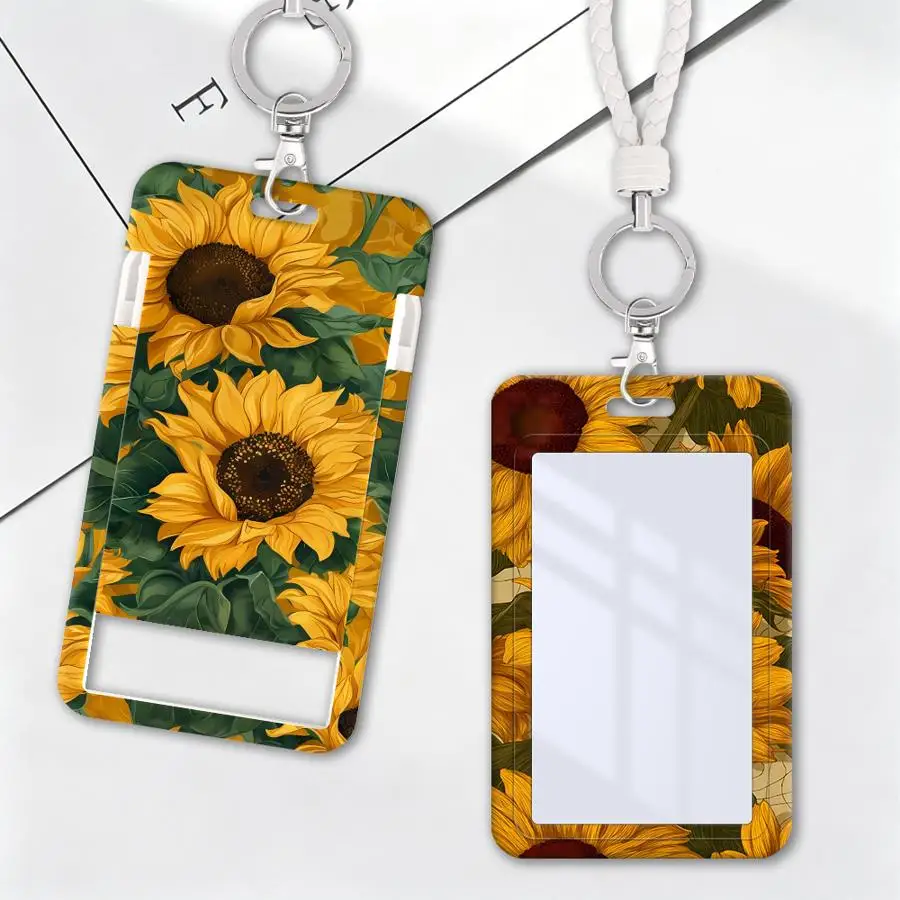1Pc Card Holder Retractable Credit Card Holders Holders Child Bus with lanyard Bank ID Badge Cover Case Sunflower Beautiful