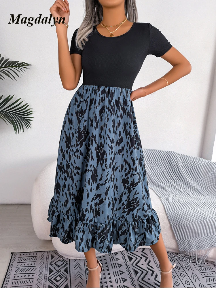 Magdalyn Frauen Sommer lässig Leopard Chiffon Kleid Straße Basic Kurzarm T-Shirt Kleid Retro Party eine Linie Bohemian Kleider