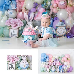 Wonderland Tea Party Balloons Backdrops Kids Baby Birthday Cake Smash Child Newborn Photocall Bunny Floral Garden Backgrounds