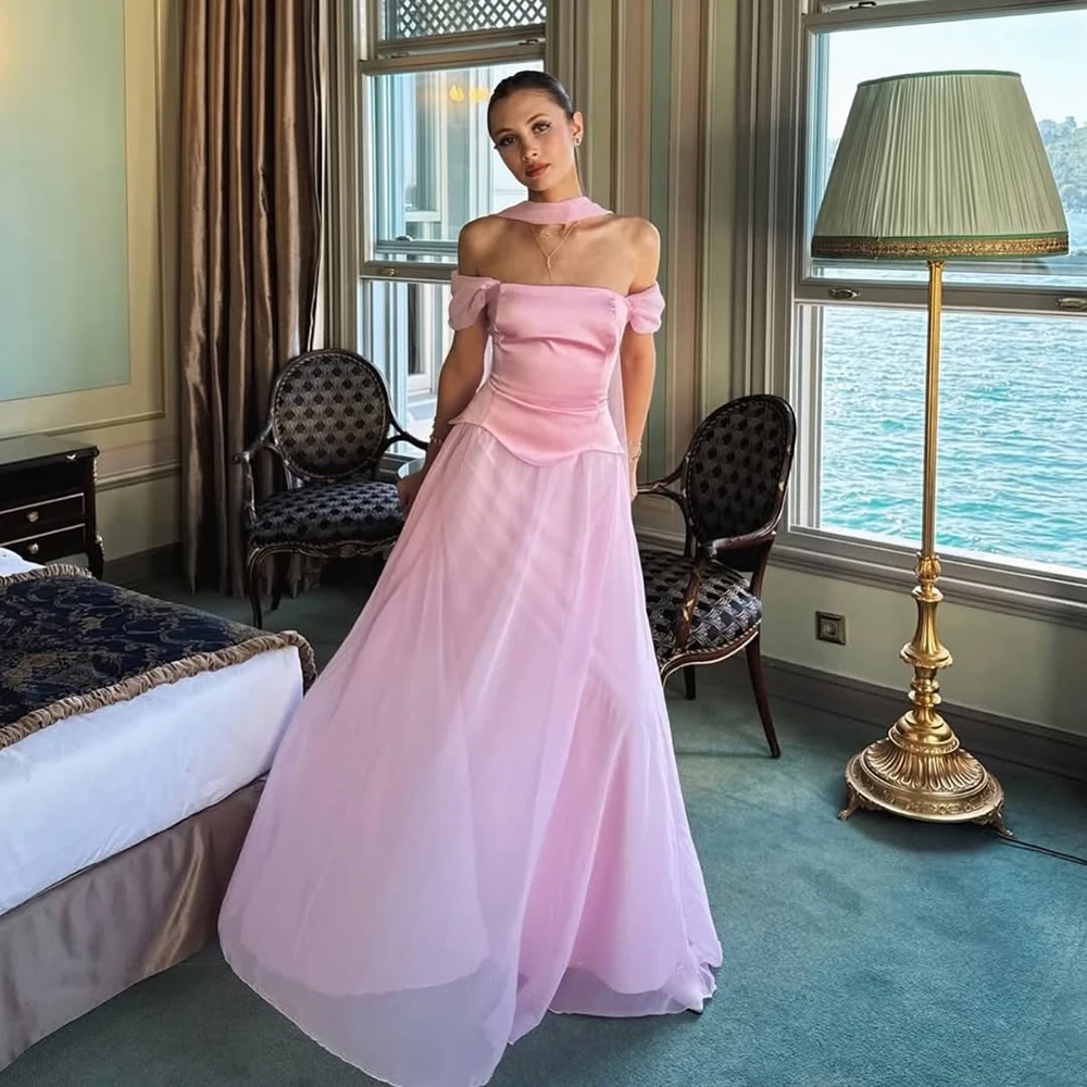 Alinovia Elegant Pink Off-Shoulder Chiffon Evening Dress Long Gown for Women 2025 Formal Prom Wedding Bridesmaid Customized