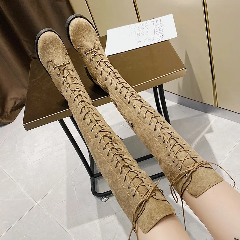 2024 Hot Sale Lace-up Round Toe Low Heel Women's Boots Cow Suede Over The Knee Modern Boots Square Heel Winter Ladies Shoes