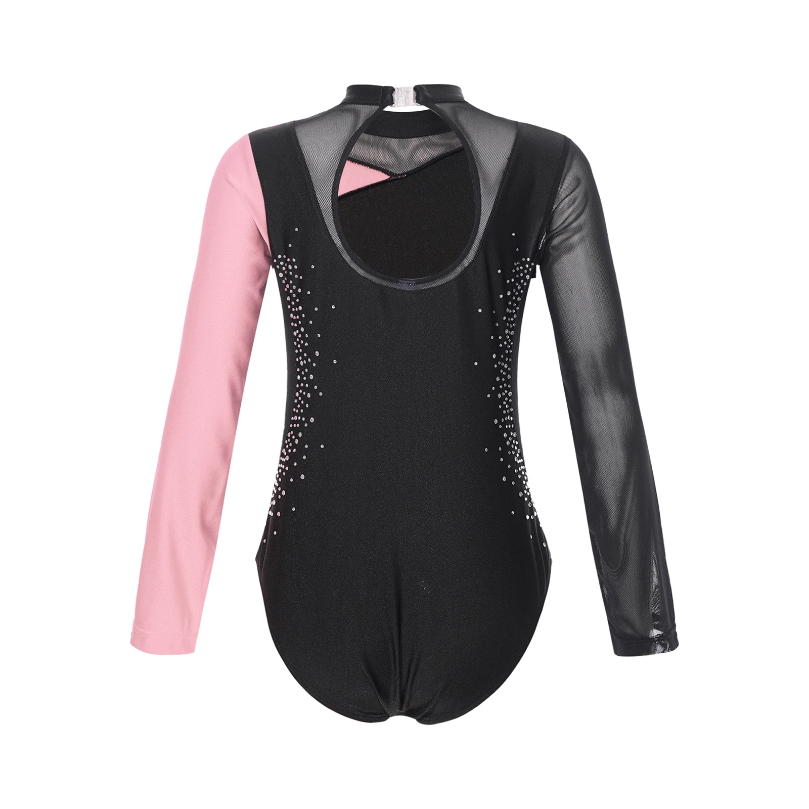 Rhythmic Gymnastics Jumpsuit for Girls Figure Skating Ballet Dance Costume Shiny Sheer Mesh Long Sleeve Cutout Back Bodysuit