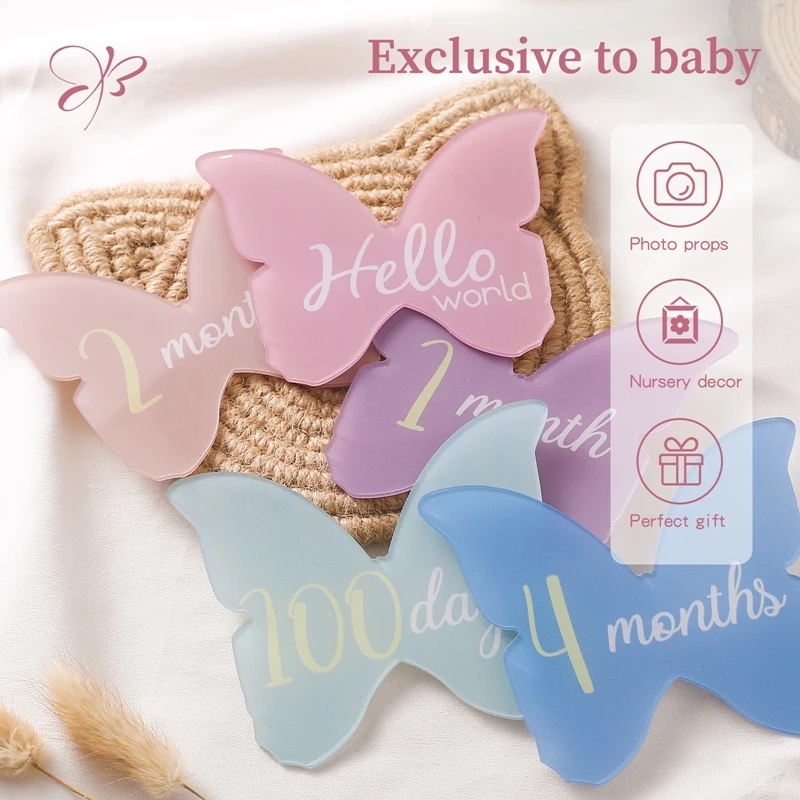 14 Stks/set Baby Acryl Nummer Mijlpaal Kaart Pasgeboren Schattige Vlindervorm Fotografie Rekwisieten Accessoires Maand Kaarten Sticker Cadeau