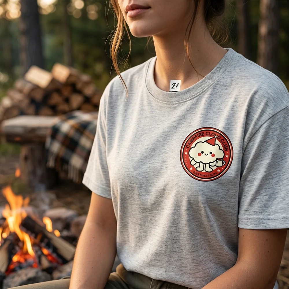 Women Camping Club Graphic T Shirt Cute Campfire Print Gray Short Sleeve Casual Crew Neck Outdoor Summer Top Nature Lover Shirt