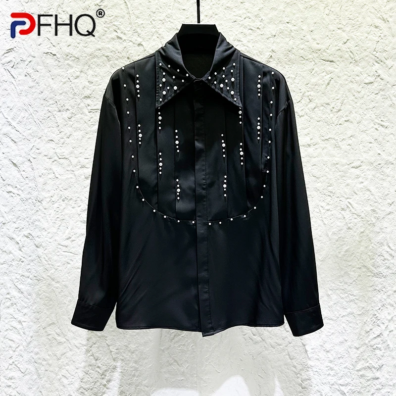 PFHQ جديد عصري الرجال القمصان شخصية مطوي مطرز تصميم كم طويل قميص موضة بدوره إلى أسفل طوق بلون القمم 21P1332