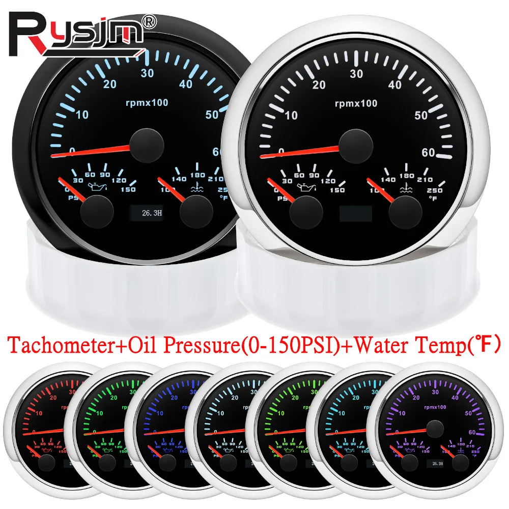 N Multi 3 IN 1 Car Gauge 85mm Tachometer+Oil Pressure+Water Temperature Meter 6000RPM 8000RPM 7 Colors Backlight for Boat Yacht