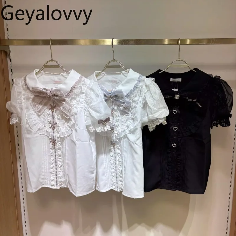 Милая девушка, универсальный кукольный воротник, пышная рубашка с короткими рукавами, летние топы в японском стиле, хит продаж, топы массового производства, кружевные топы с большим бантом