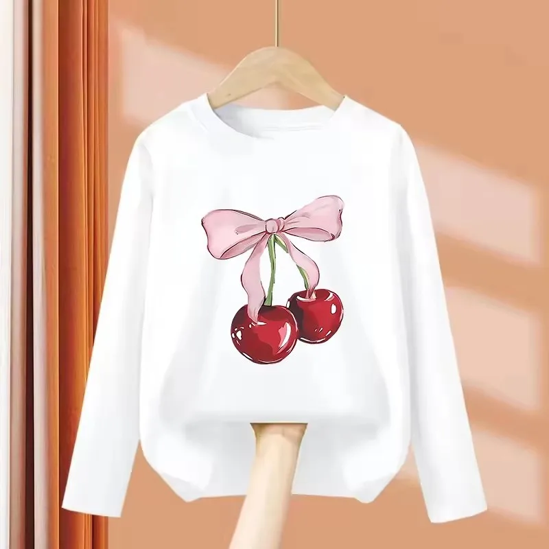 Langarm 2026 Mädchen Y2K Schleife mit Kirsche Mode T-Shirts Kinder T-Shirt Mädchen Sommer Frühling Freizeit Oberteil Tee – Detail 2