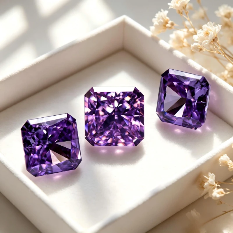 Kubischer Zirkonia, synthetischer Zirkon, violette Farbe, quadratische Form, CZ 4K-Schliff, 5A+ Qualität, Crushed-Ice-Schliff, hochkarätiger Diamant – Detail 4