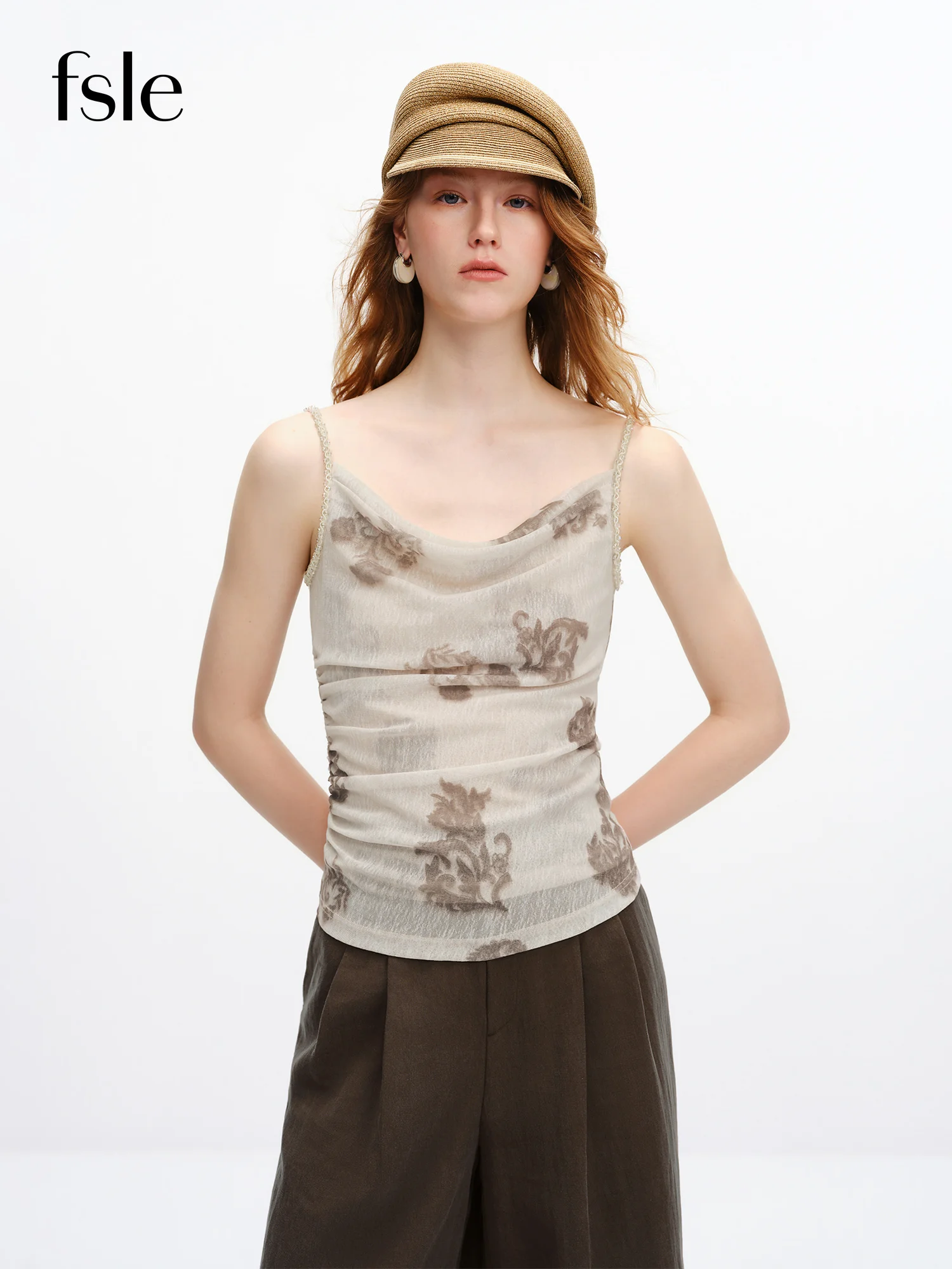 FSLE 【Premium Series】 Women's 2026 Summer New Arrival Vintage Print Slim Camisole Draped Neck Elegant Sleeveless Cool Top