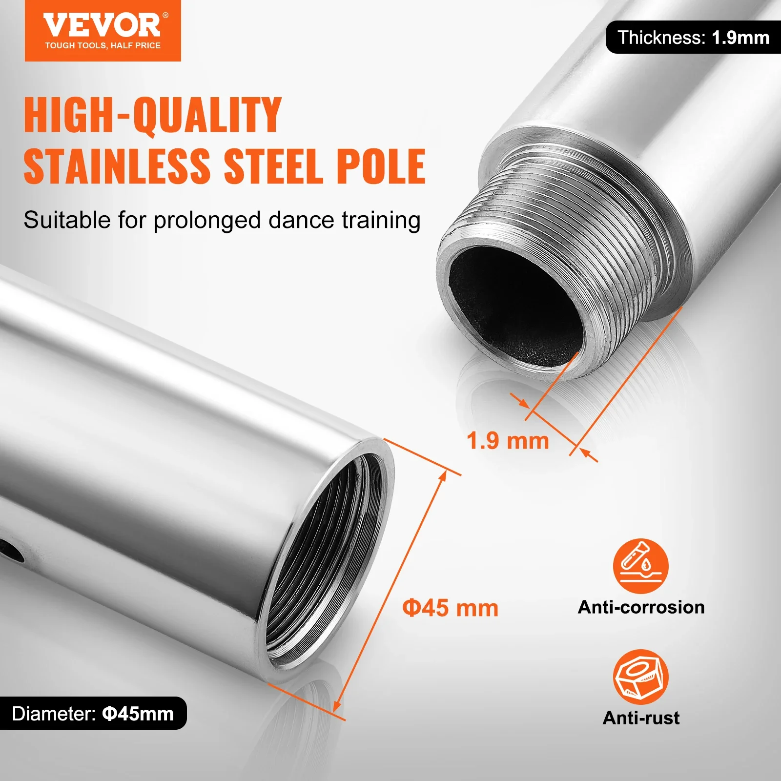 VEVOR Professional Dancing POLE SPINNING STATIC Dancing POLE Kit แบบพกพาที่ถอดออกได้เสา 45 มม.Heavy-Duty สแตนเลสเหล็ก