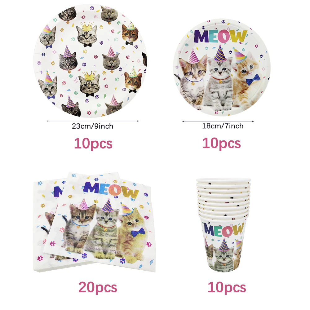Cute Cat Disposable Tableware Set Cartoon Cat Paper Cup Plates Banner Straws Cupcake Topper for Diy Bithday Party Decorations
