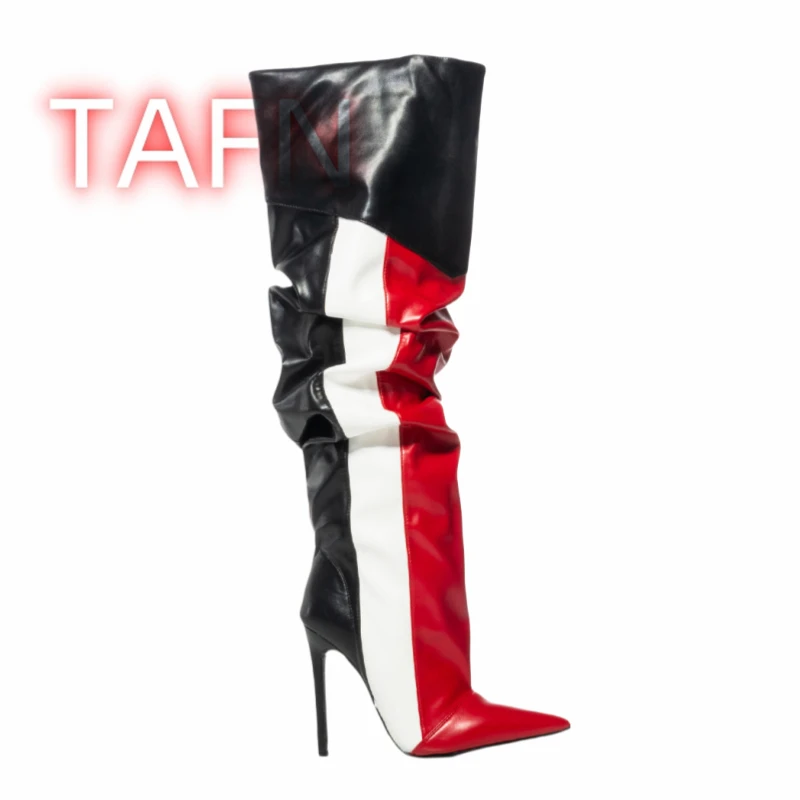 Colorblock Striped Stiletto Boots Female Slim Heel Knee High Boots Multicolor Party Dance NightClub Dress Shoes Botas De Mujer