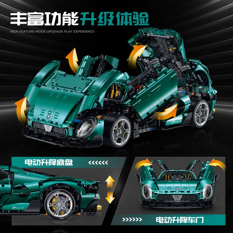 GULY10621 3861Pcs 1:8 MOC Tech Big Sports Car Building Blocks, Chrome-Plated Finish Race Car Model Bricks, Display Toy for Boys