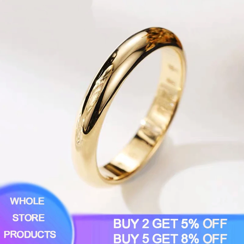 YANHUI Real Pure  Gold Color Rings For Women And Men Simple Couple Ring Smooth Wedding Band For Lovers JR050