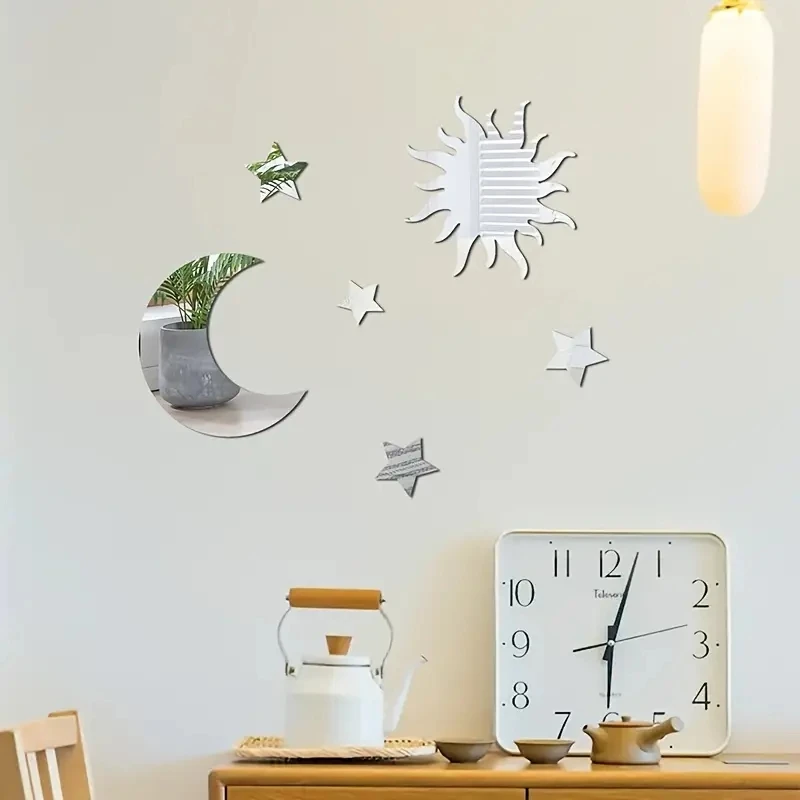 6pcs Star & Moon Combination Mirror Wall Sticker for Bedroom and Living Room - Ramadan Kareem, Holiday, Birthday Party Supplies,