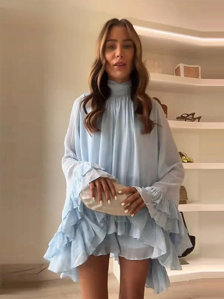 Elegante multi camadas babados vestido curto feminino plissado gola alta alargamento manga vestidos de férias 2025 verão senhora festa robes