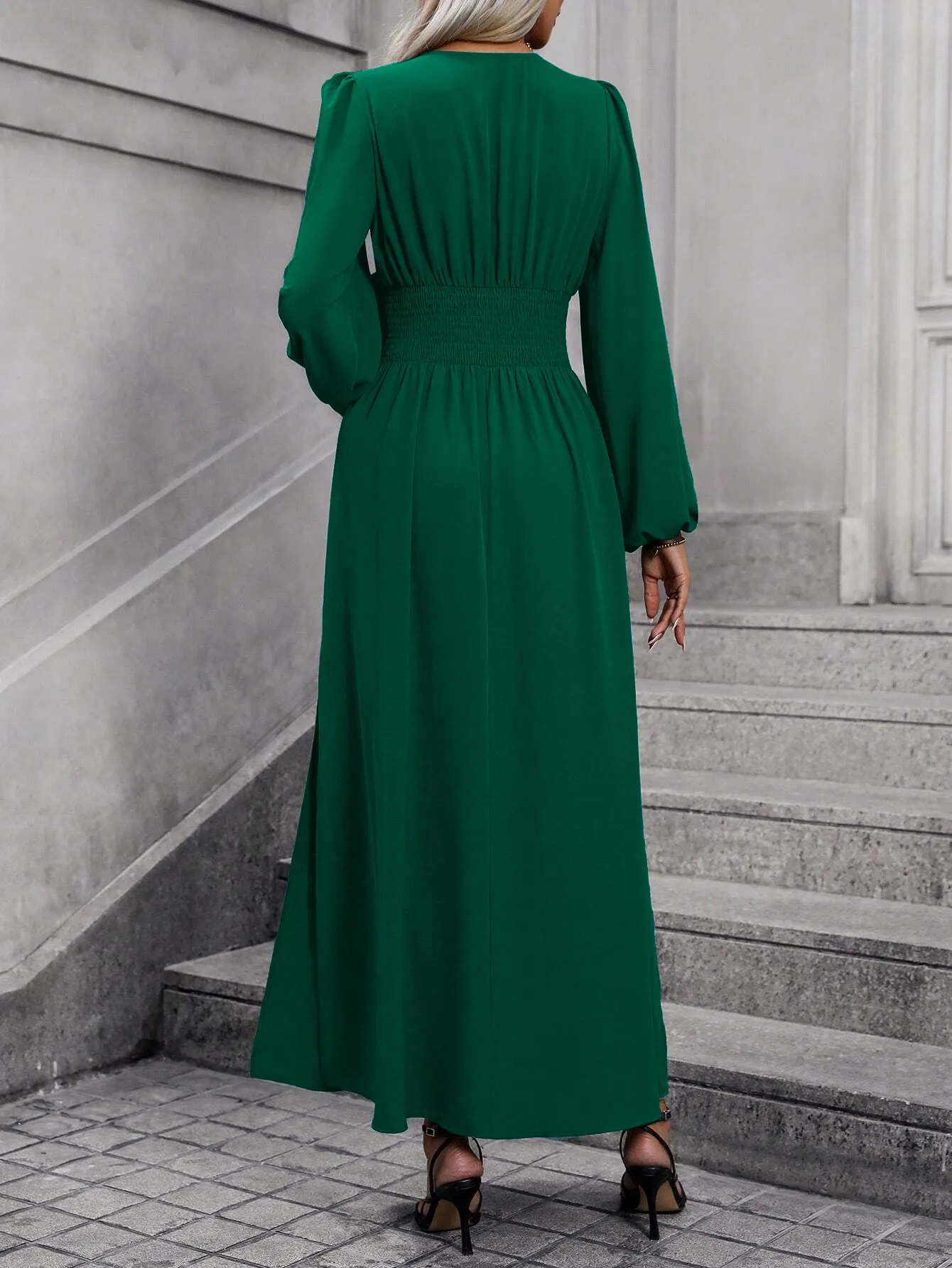Französisches Retro-Kleid mit Laternenärmeln und Schlitz für Damen, Winter 2025, Strick-Bodycon-Maxikleid – Detail 6