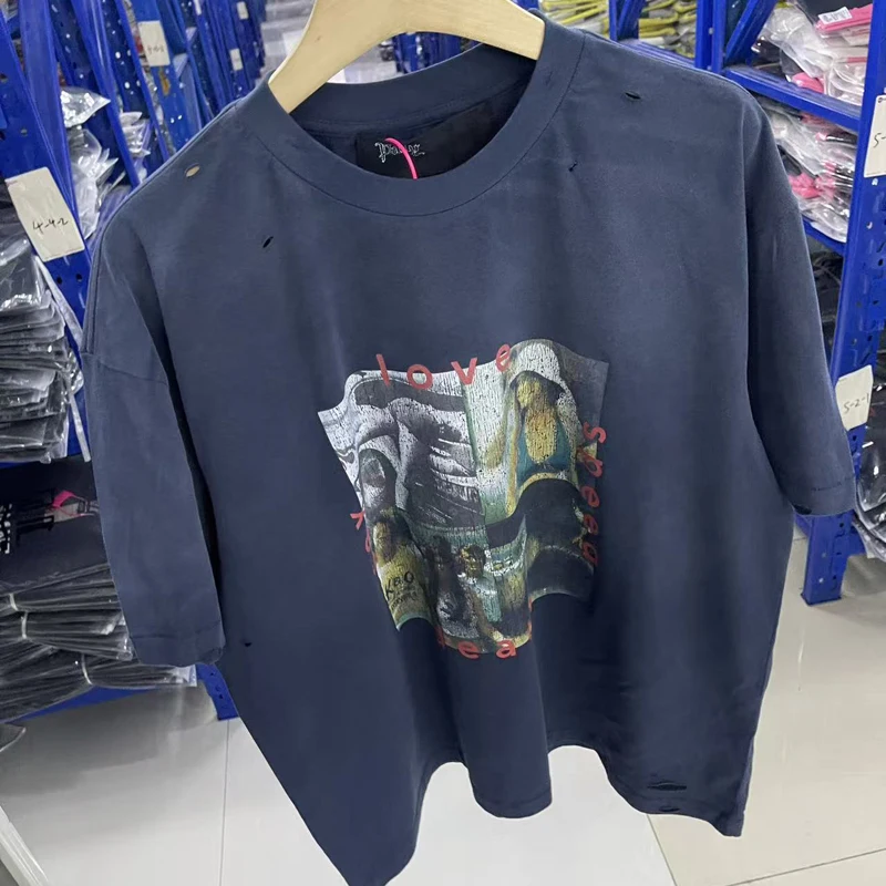 High Street novedad de verano Paly Hollywood camiseta suelta Vintage texturizado estampado algodón Top camiseta lavado viejo manga corta