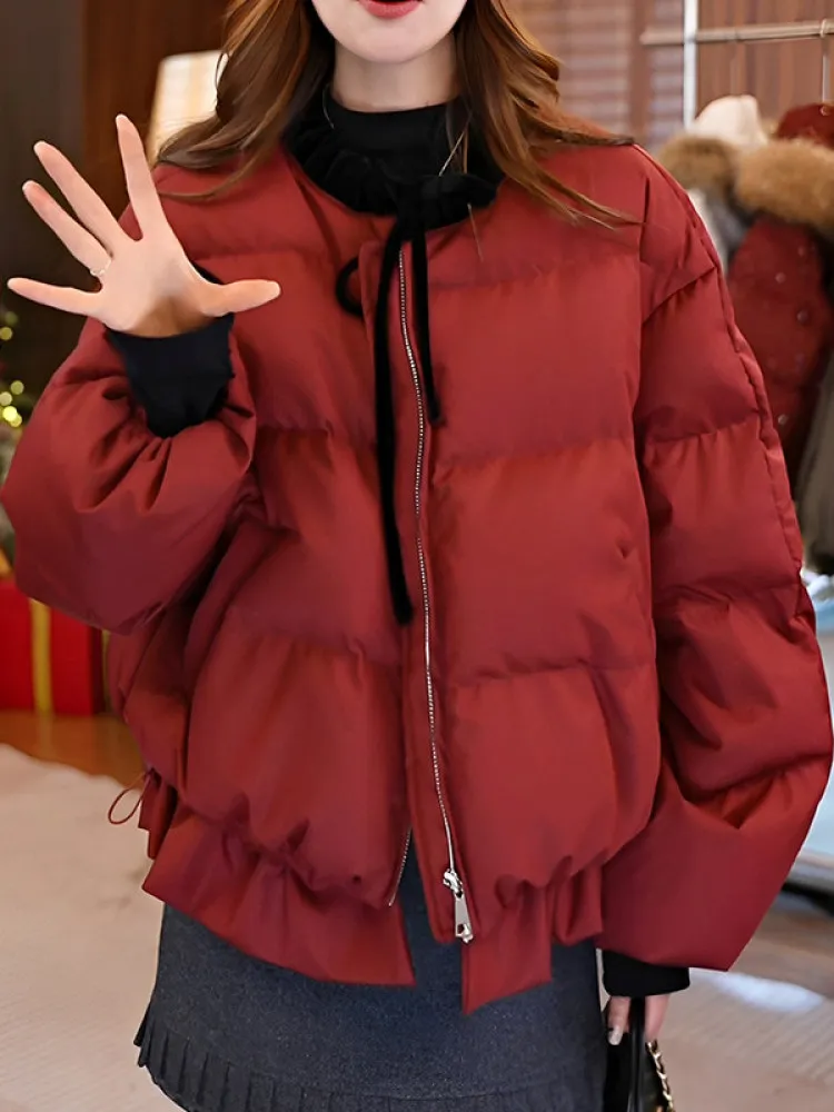 

Women's down Cotton Jacket Stylish Elegant Thickened Christmas Red Warm Coat Fashionable Korean Style Loose Fit Zipper Closure