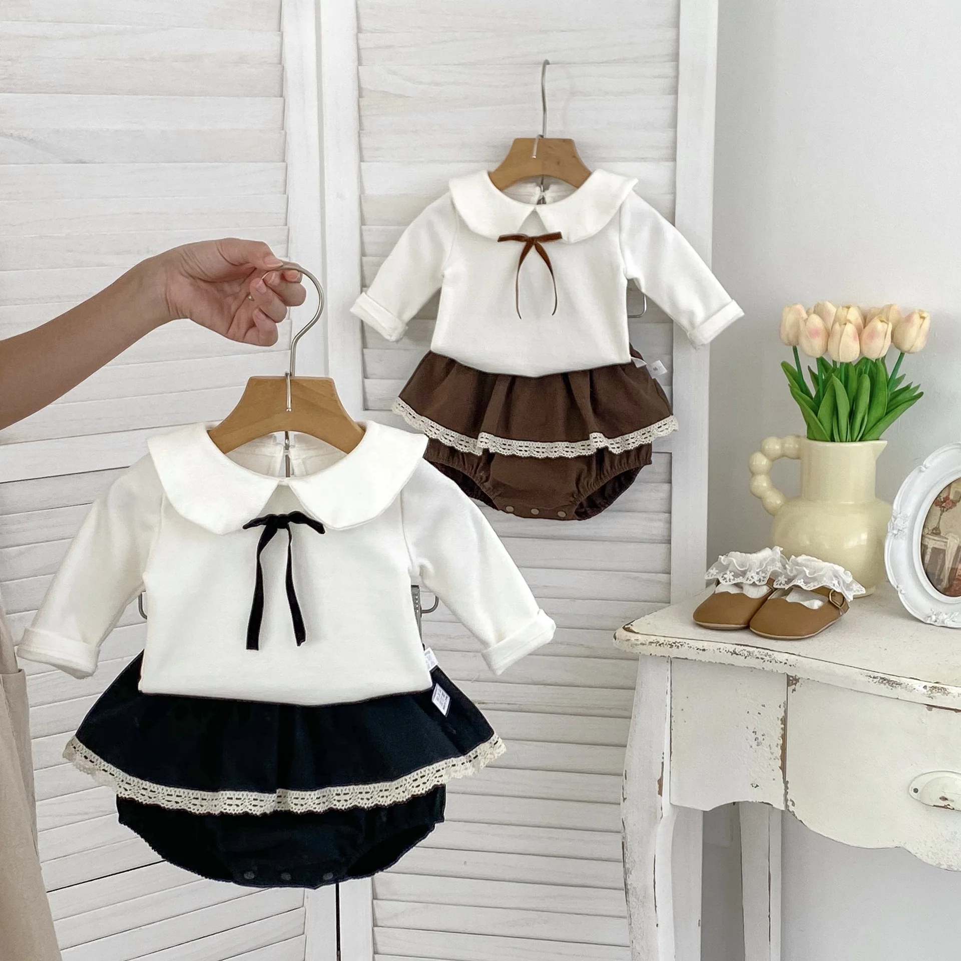 New Baby Girl Autumn Sweet Suit Bow Lapel Long-sleeved Shirt Lace Fart Culottes Two-piece Set fashion casual baby