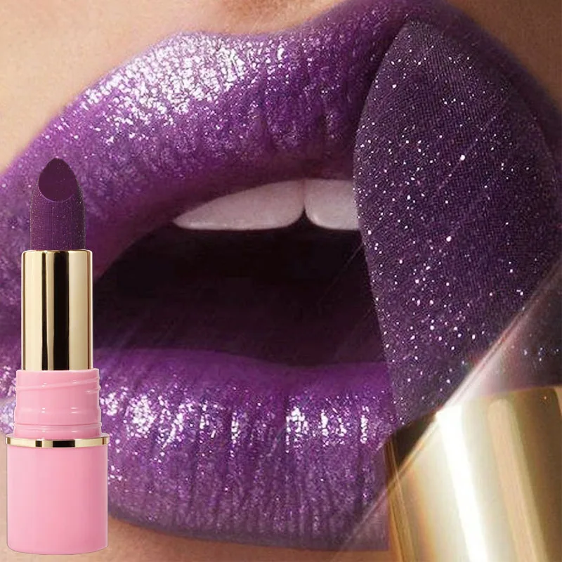 8 colores brillo lápiz labial impermeable duradero diamante nacarado brillo metálico lápiz labial púrpura brillo de labios cosméticos de maquillaje