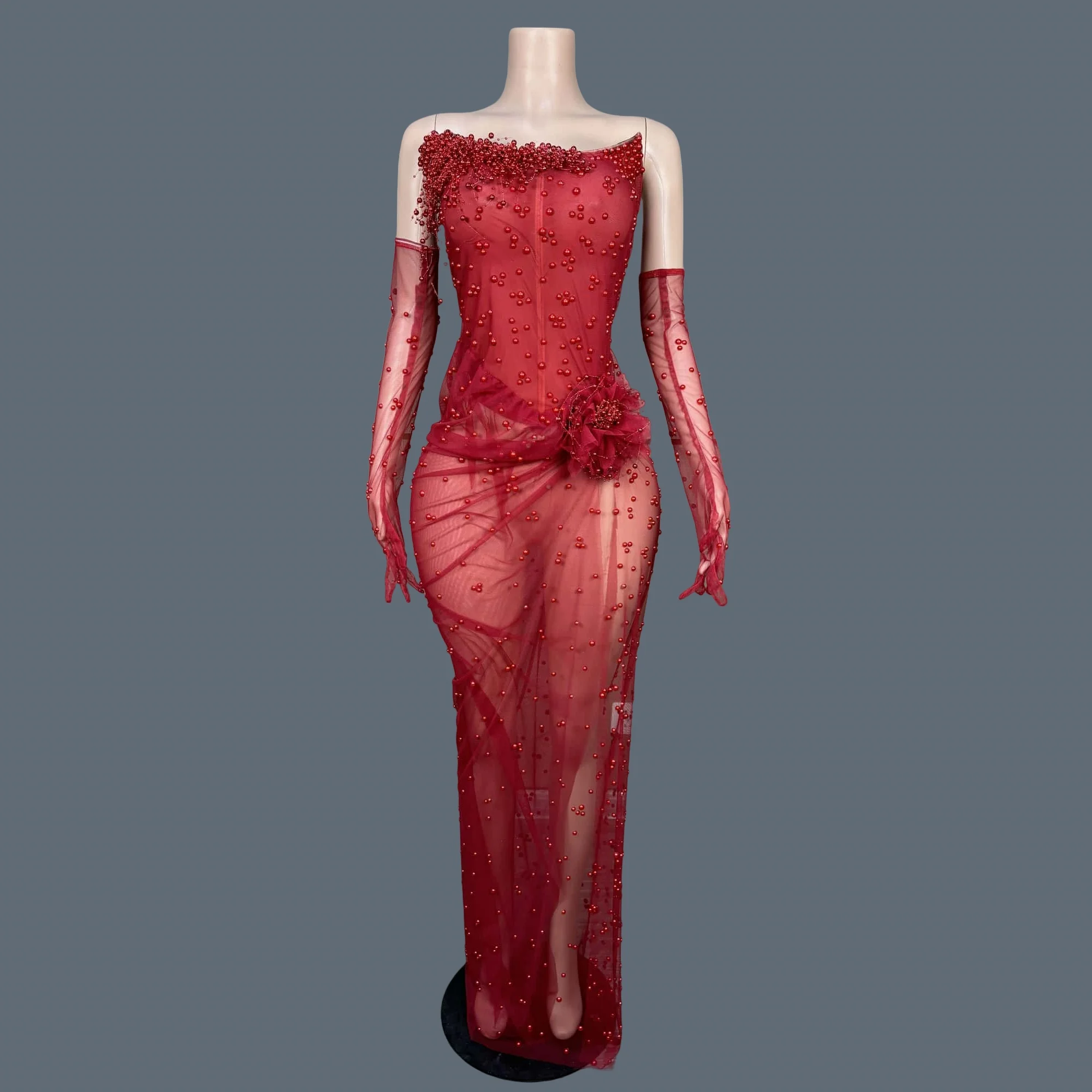 

High-end Pearls Red Strapless Sheer Mesh Dress Sexy Skinny Evening Dress with Gloves Elegant Women Birthday Party Dress Feihong
