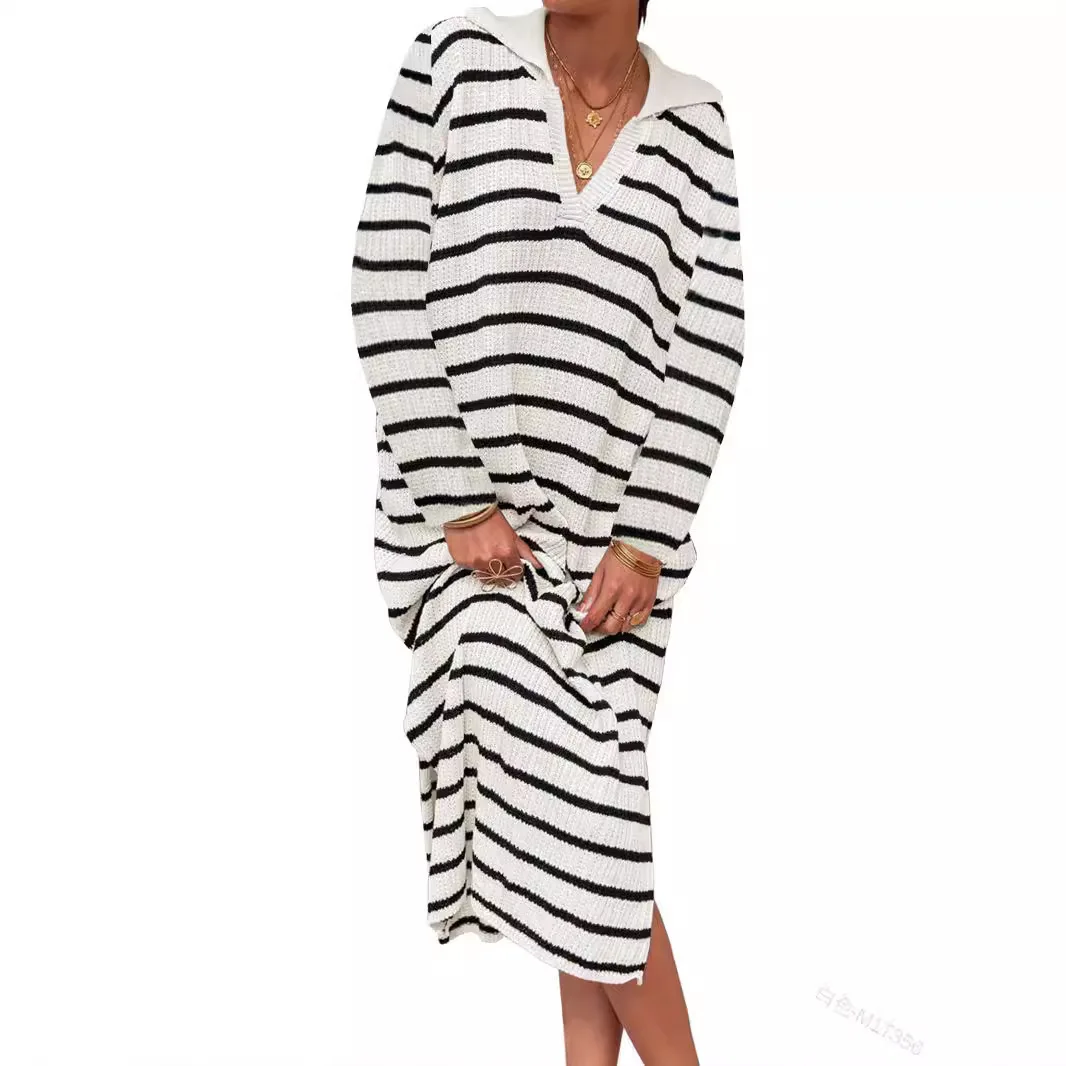 2024 Summer Women's V-Neck Striped Low Slit Lapel Long Sweater Dress