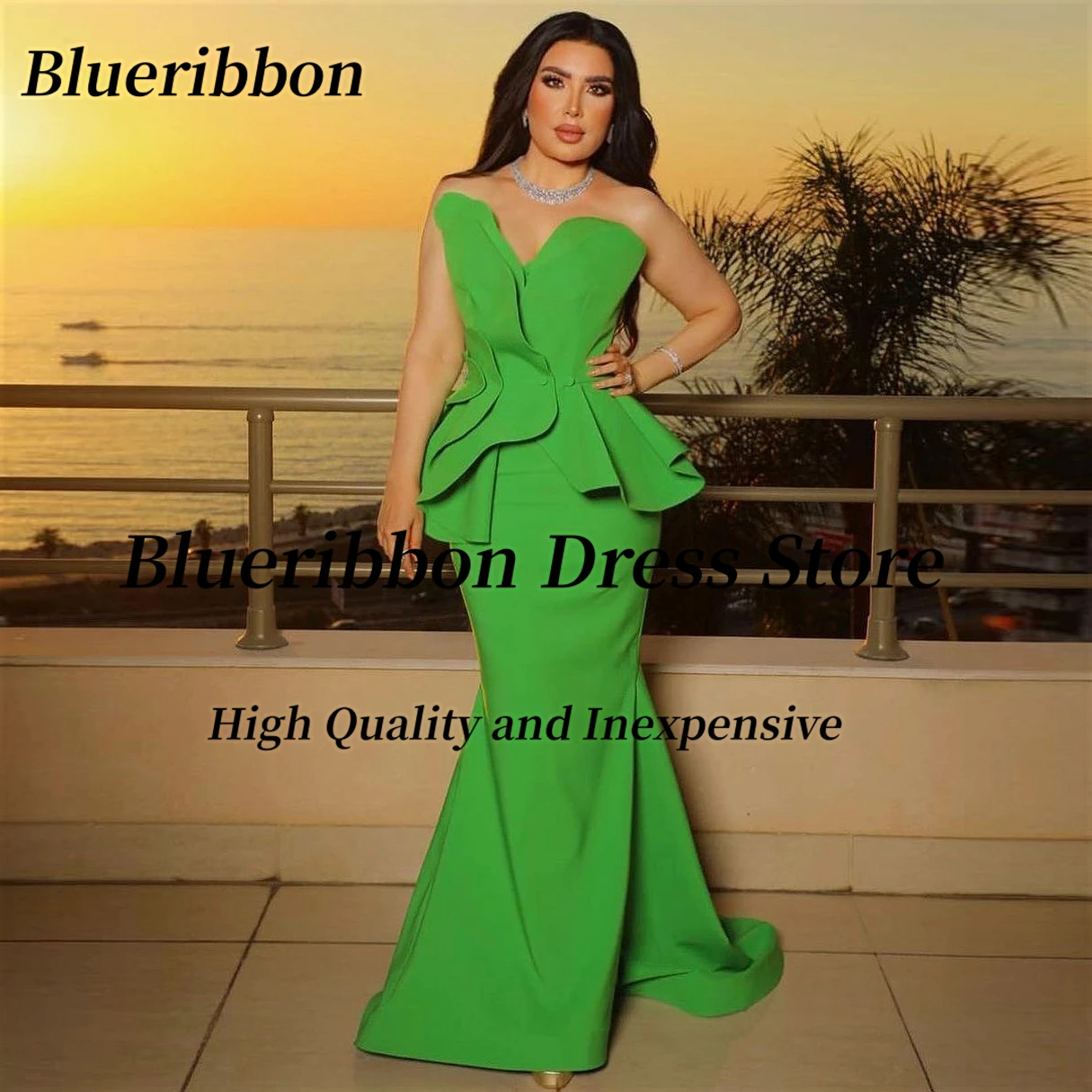 

Blueribbon Mermaid Dresses for Special Evening Party Sweetheart Zipper Back Prom Dress with Peplum Wedding Guests Wear Vestidos