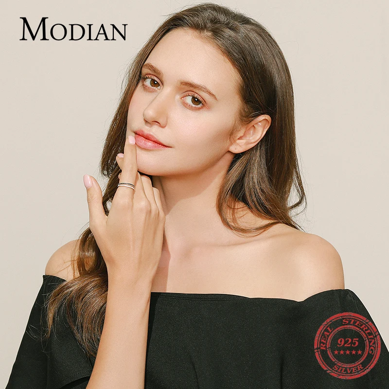 MODIAN Real Silver Black Zirconia Stackable Rings Fashion Crystal 925 Sterling Silver Finger Rings for Women Party Fine Jewelry