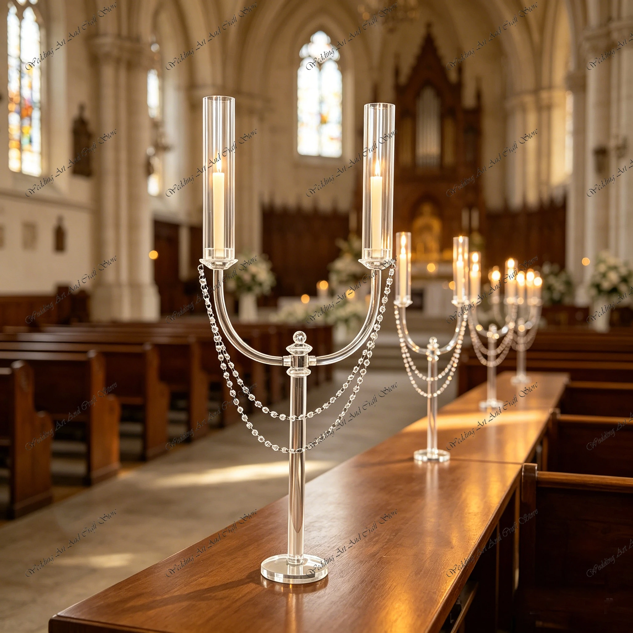 10pcs f30 100cm 2 Arms Candle Crystal Glass Holder Transparent Columns Beaded Chains Wedding Reception Table Centerpiece ivy1013