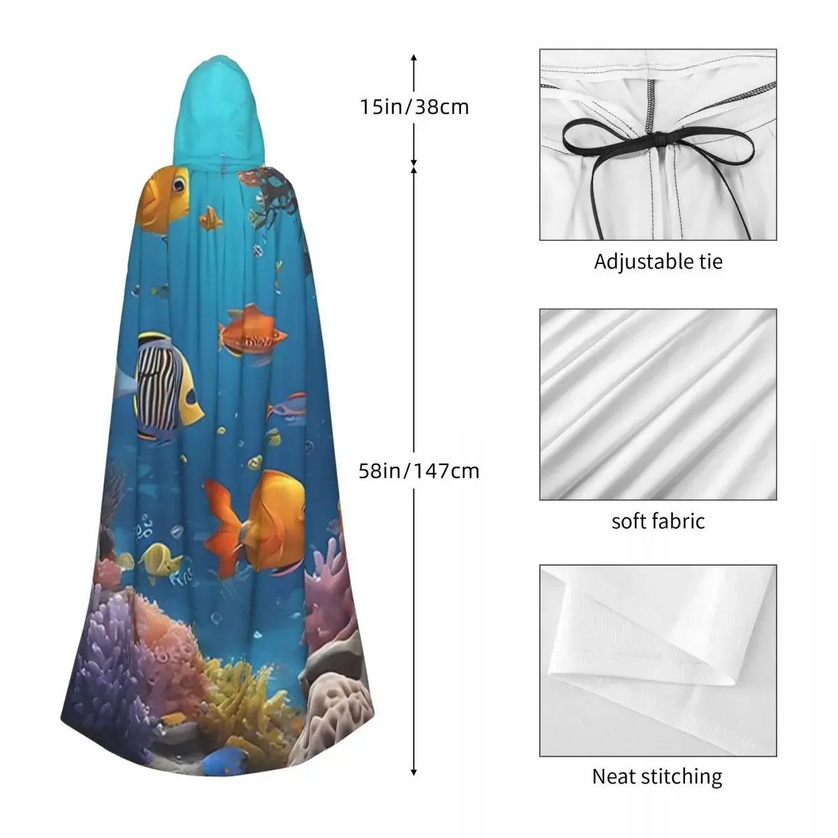 Custom Underwater World With Coral Reef Tropical Fish Long Hooded Cloak Witch Medieval Costume Cosplay Cape HalloweenCoat Adult