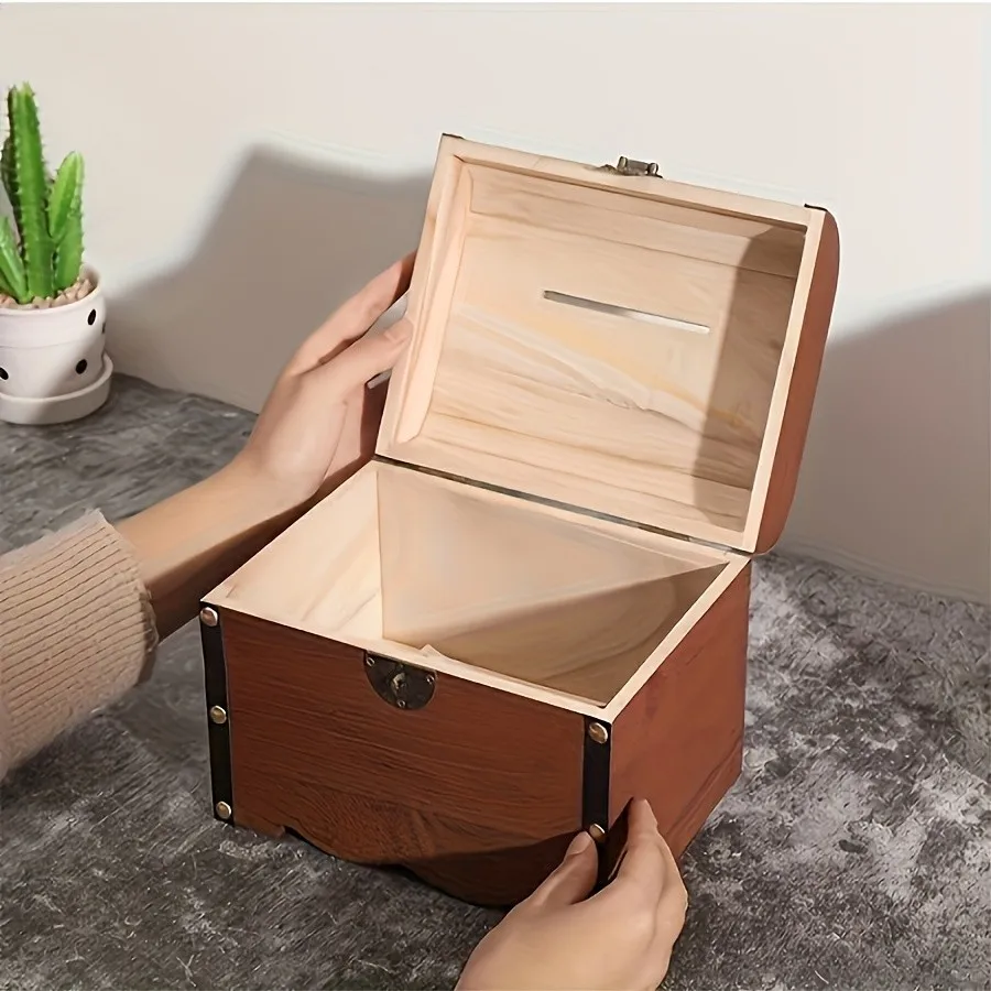 Vintage Wooden Piggy Bank with Lock, Retro Treasure Chest Coin Saving Box for Kids, Home Decor Money Storage Organizer