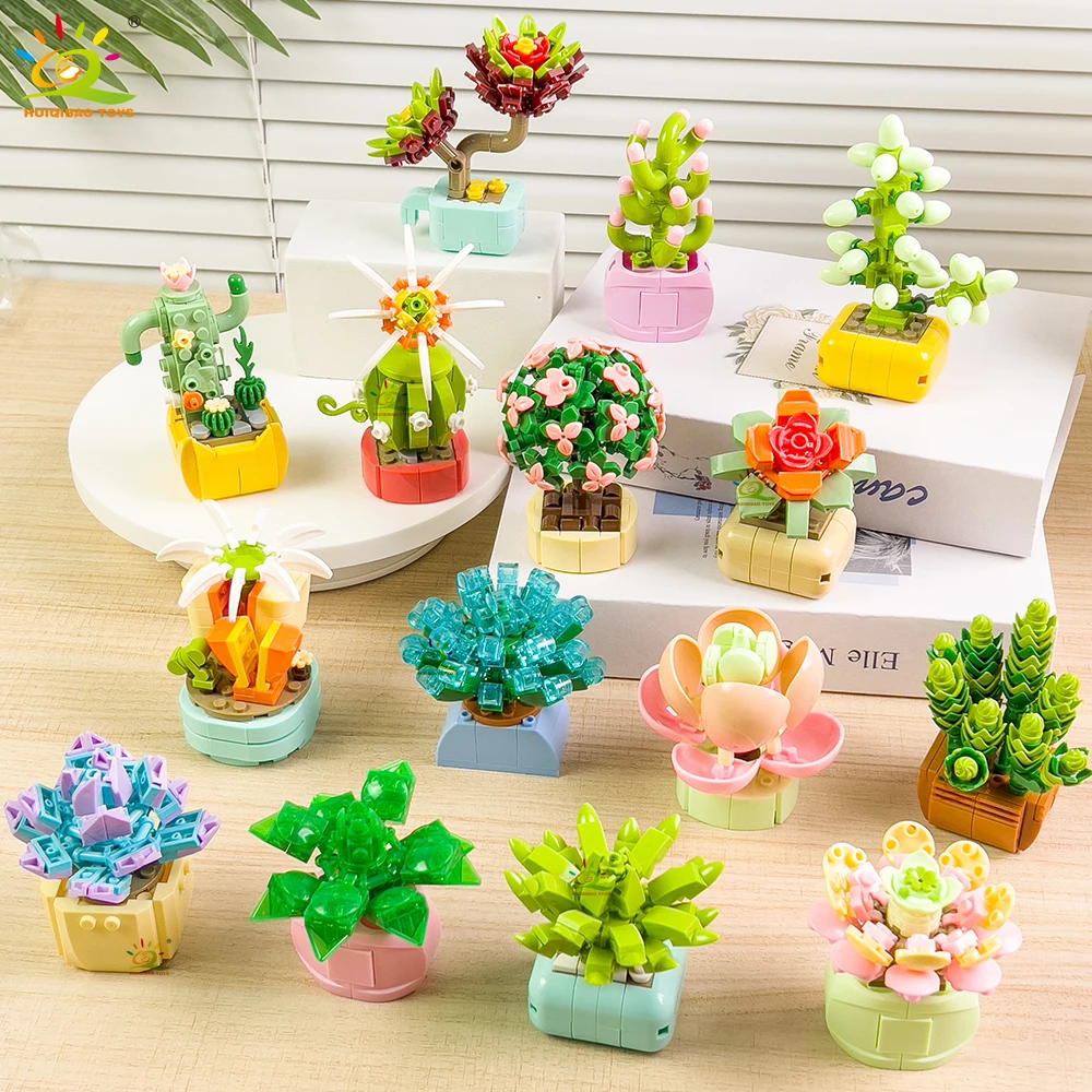 HUIQIBAO MOC Blume Sukkulenten Topf Modell Baustein DIY Ewiger Blumenstrauß Home Schreibtisch Pflanze Dekor Ziegel Mädchen Geschenk Kinder Spielzeug – Detail 2