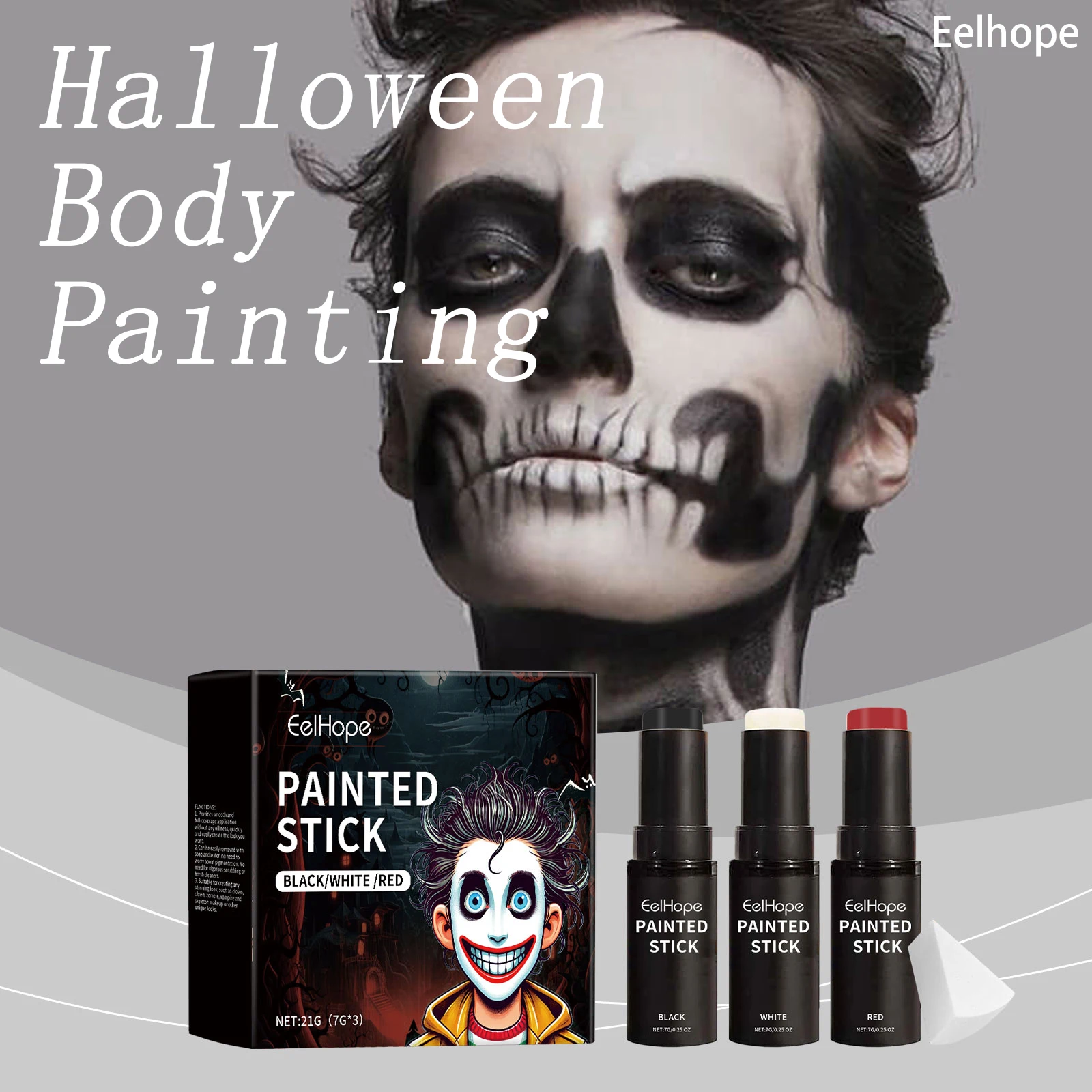 Eelhoope هالوين الوجه الطلاء العصي 3 ألوان نابضة بالحياة طقم ماكياج طلاء الجسم زي حفلة قابل للغسل التغطية الكاملة الوجه الجسم الفن