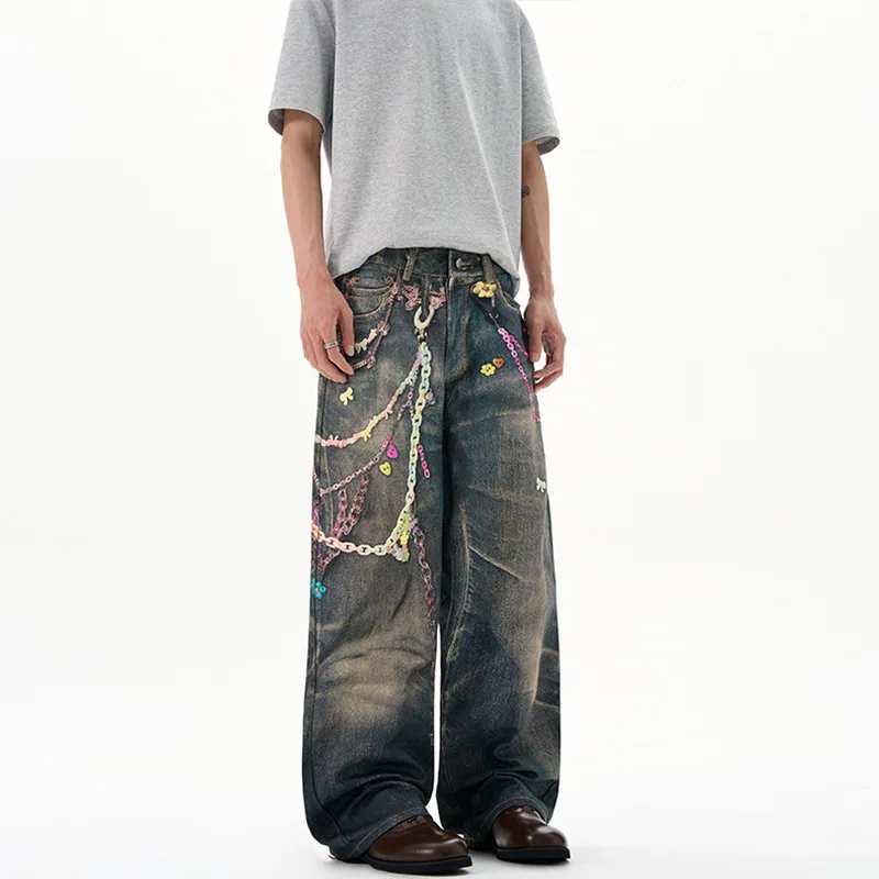 

Американские ретро-конфетные джинсы с 3D-иллюзией и принтом, мужские и женские свободные и тонкие прямые брюки