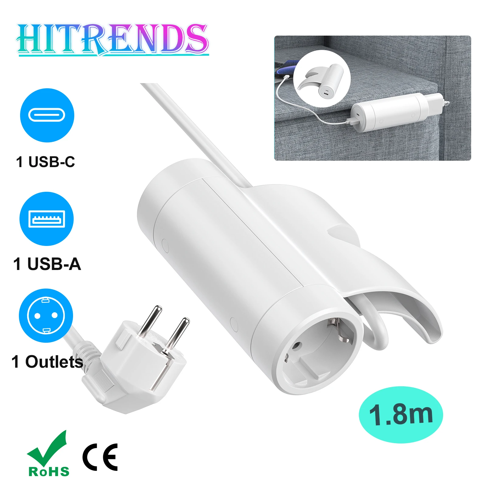 HITRENDS EU Plug Sofa Socket with 1 AC Outlets 1 USB A and Type C Port, 1.8 Meters Extension Cord, Power Strip for Furniture
