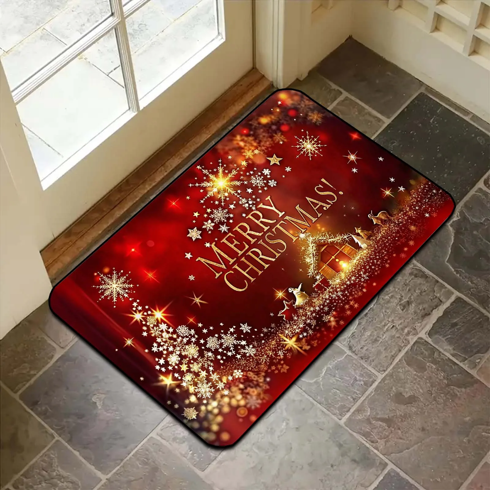 VIKAMA Christmas Doormat Non‑Slip Front Door Rug Washable Indoor Outdoor Xmas Star Snowflake Winter Home Entrance Decor Mat