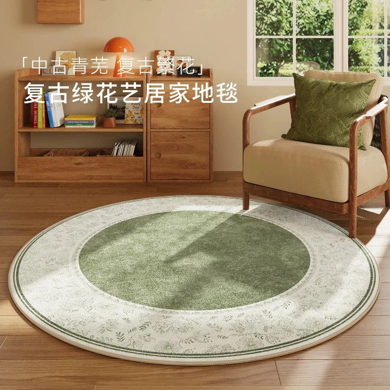 Retro Style Carpets for Living Room French Floral Bedroom Decor Carpet Fluffy Soft Green Bedside Rug Round Home Thick Floor Mat