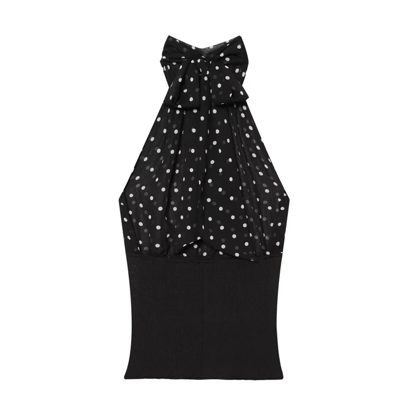 KEYANKETIAN 2026 Black White Polka Dot Halter Top Chiffon Knit Spliced Back Self Tie Bow Open Back Slim Fit Y2K Cropped Camisole