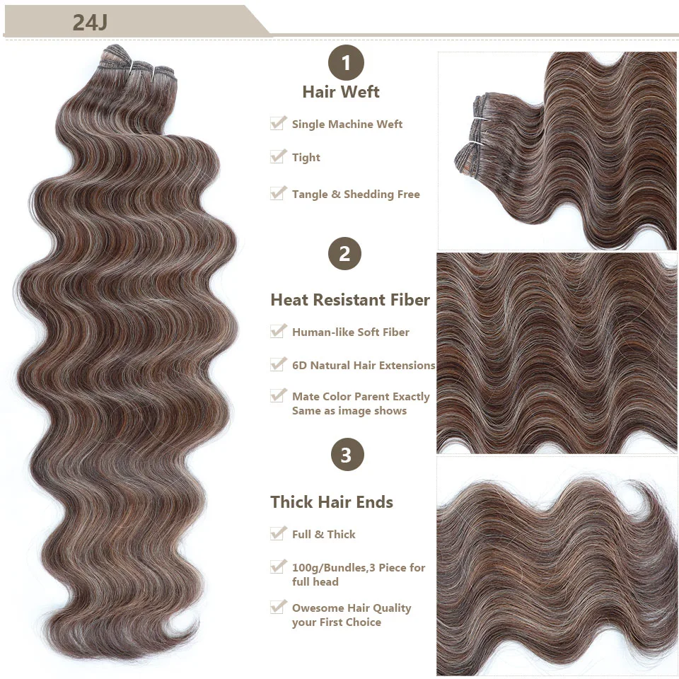 30 بوصة 200 جرام جسم مموج طبيعي أسود أومبير بيانو بني 24J #   6 # شعر أشقر 27/613 حماية حيوية صناعية ناعمة بدرجة حرارة عالية