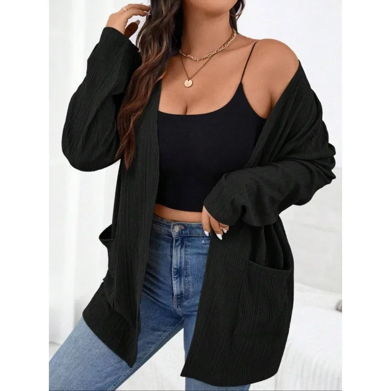 

Plus Size 1XL-5XL Women's Fashion Solid Color Pocket Long Sleeve Knitted Cardigan Women's Casual Bottoming Open-Shirt