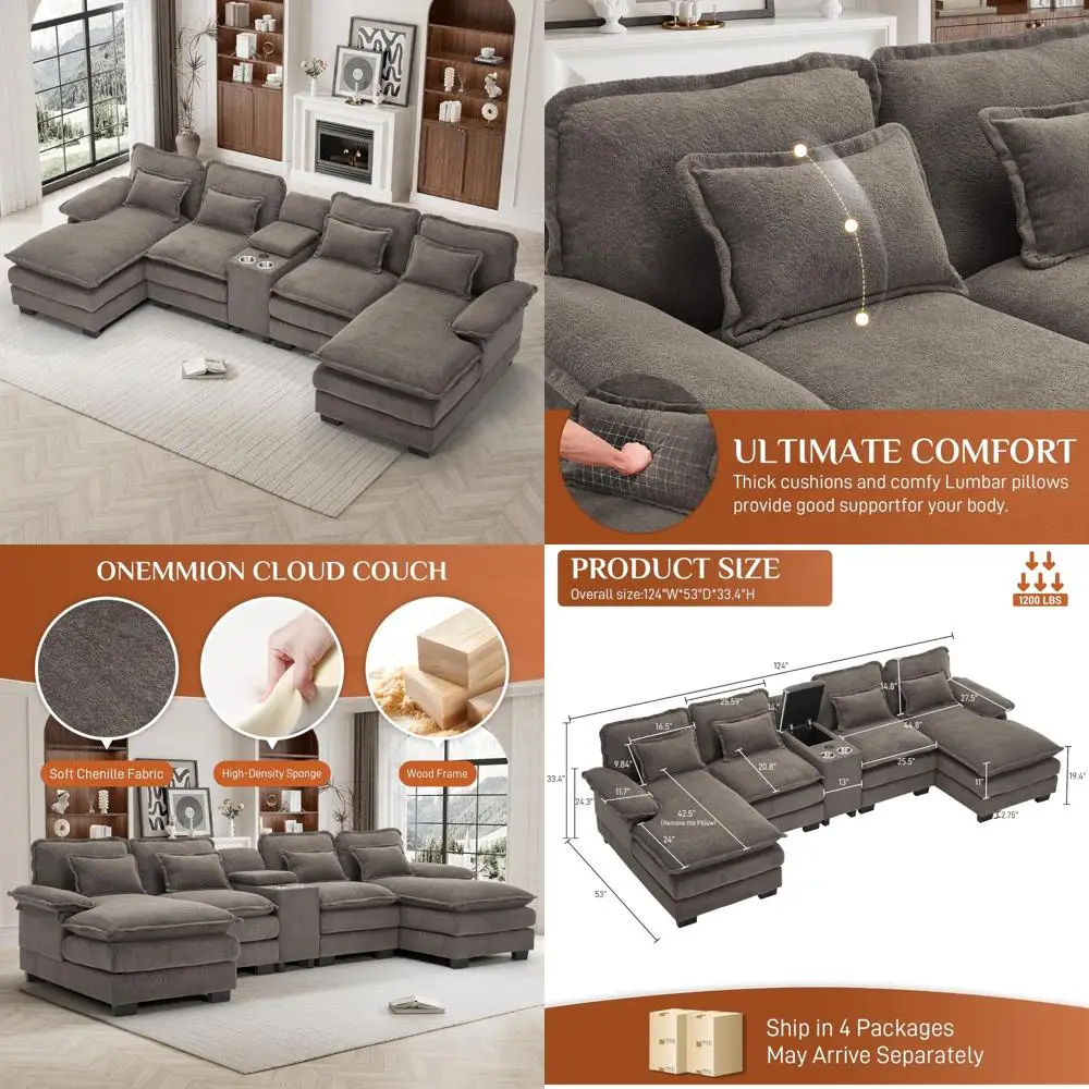 

"grey chenille u-shaped sectional sofa, 124" with double chaise lounge for cozy living room comfort"