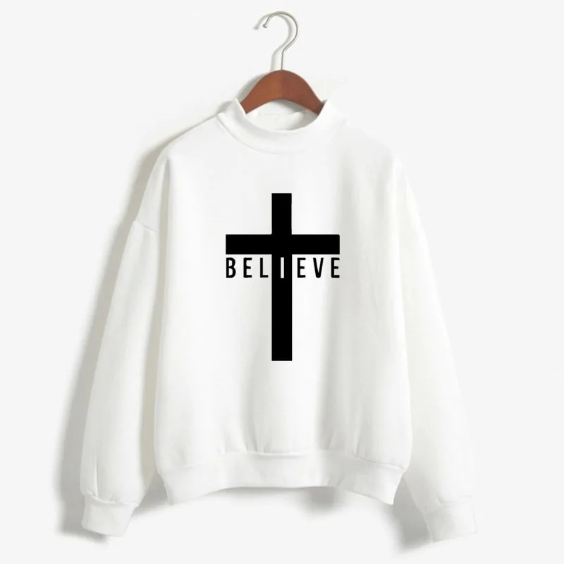 Believe in Jesus Cross Print Woman Sweatshirts Sweet Korean O-neck Knitted Pullover Autumn Winter Candy Color Women Clothing