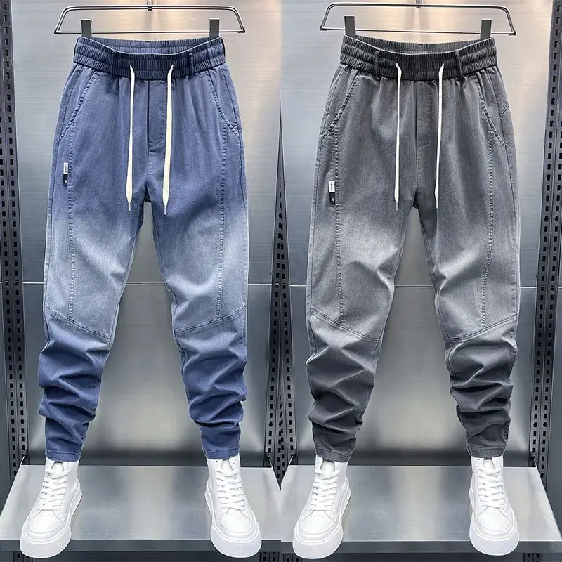Men's 2025 Spring and Summer Jeans Trendy Brand Gradual Change Color Splicing Slim Pants Elastic Feet Thin Casual Harem Pants