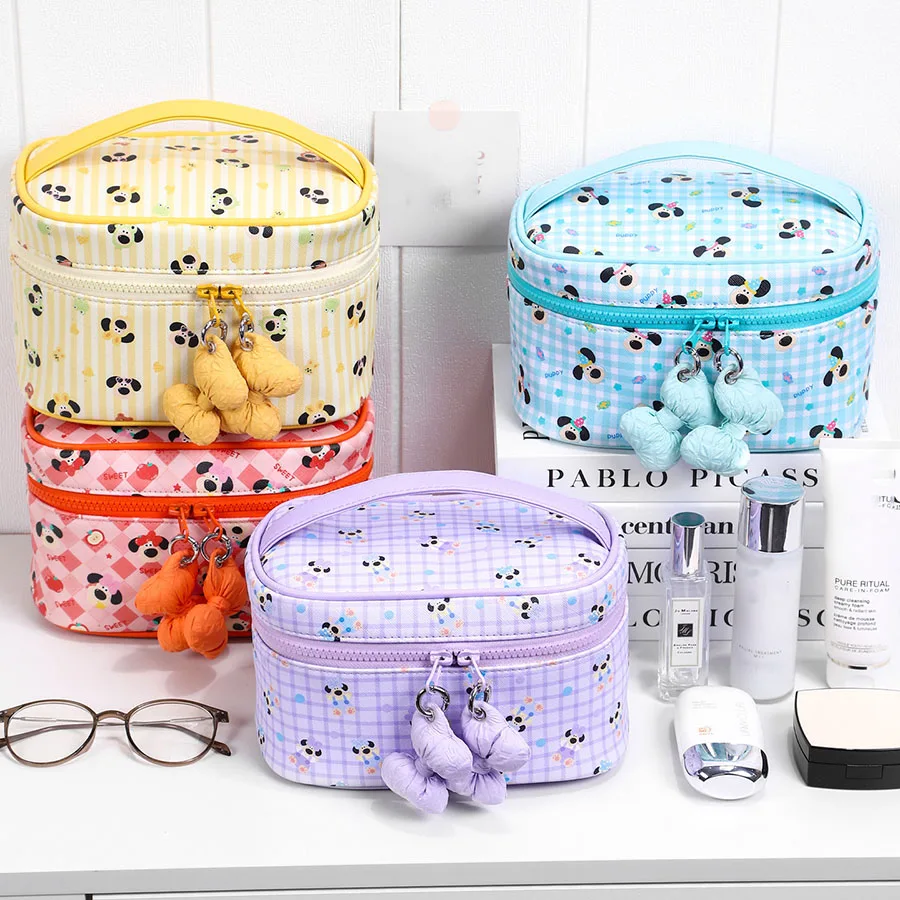 Cotton Bow Makeup Bag for Women Nylon Quilted Travel Cosmetic Bag with Zipper Sweet Aesthetic Toiletry Bag Skincare Storage Bags